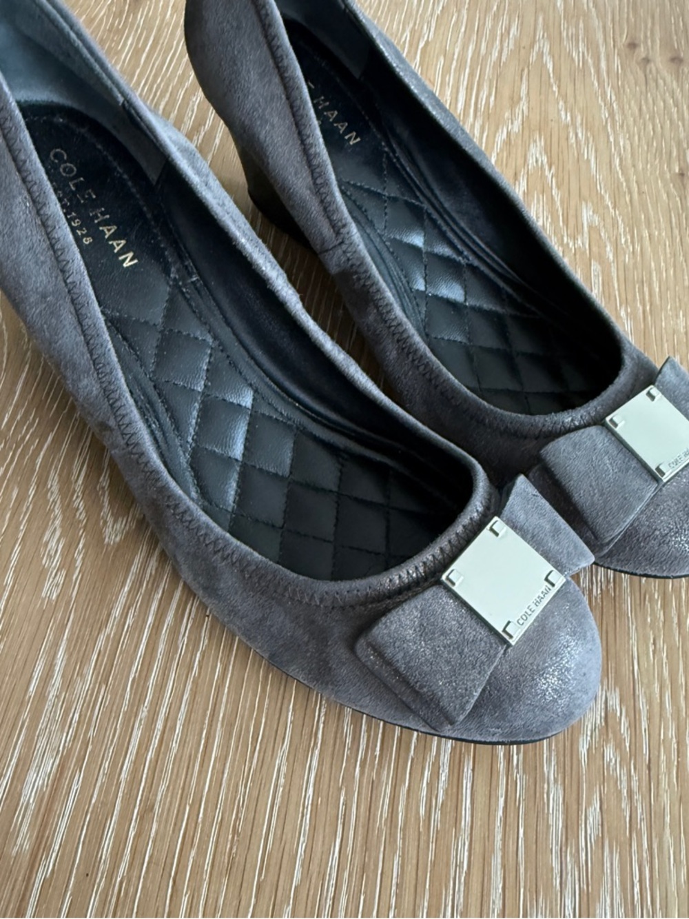 Cole Haan Charcoal Suede Bow Ballet Flats with Metal Plaque